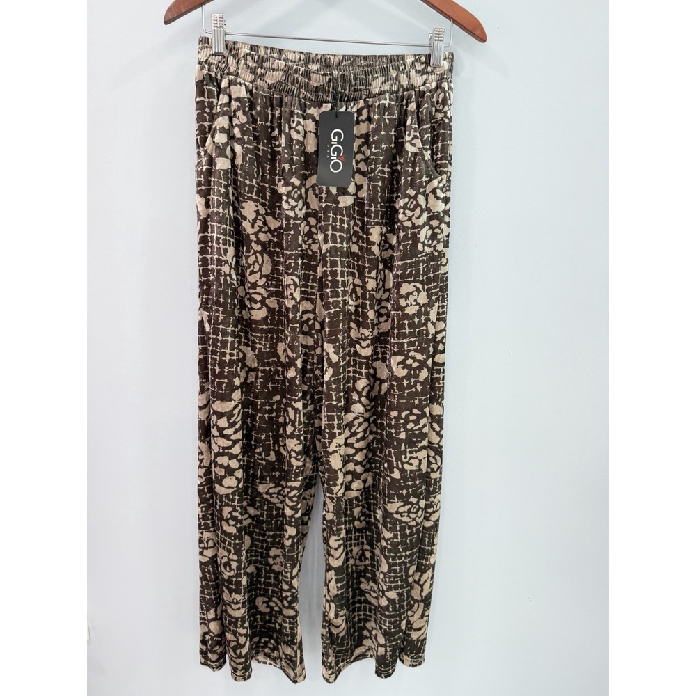 GIGIO Wide Leg Pull On Pants M Velvet Brown Abstract Print Stretch Casual Boho - Picture 2 of 9